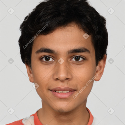 Joyful latino young-adult male with short  brown hair and brown eyes