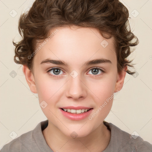 Joyful white child female with short  brown hair and brown eyes