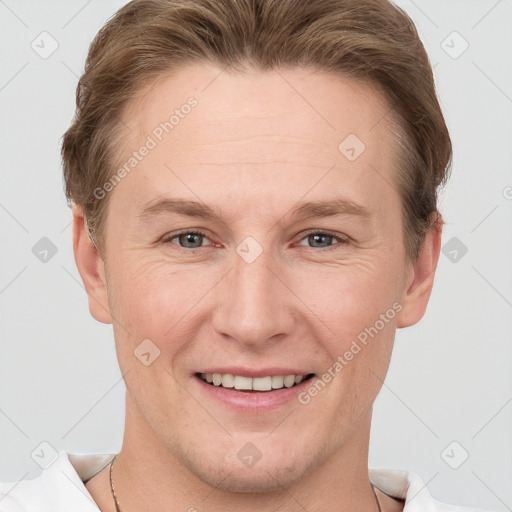 Joyful white adult female with short  brown hair and grey eyes