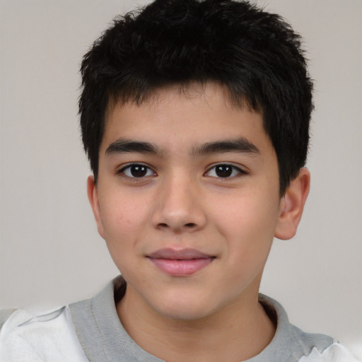 Joyful asian child male with short  black hair and brown eyes