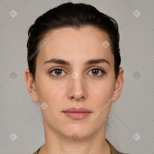 Neutral white young-adult female with short  brown hair and brown eyes