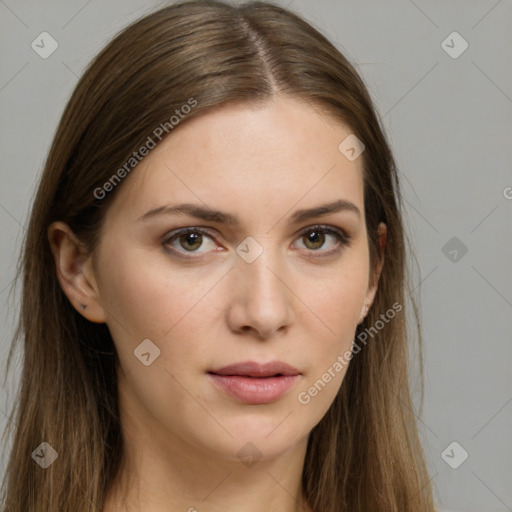 Neutral white young-adult female with long  brown hair and brown eyes