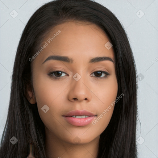 Neutral asian young-adult female with long  brown hair and brown eyes