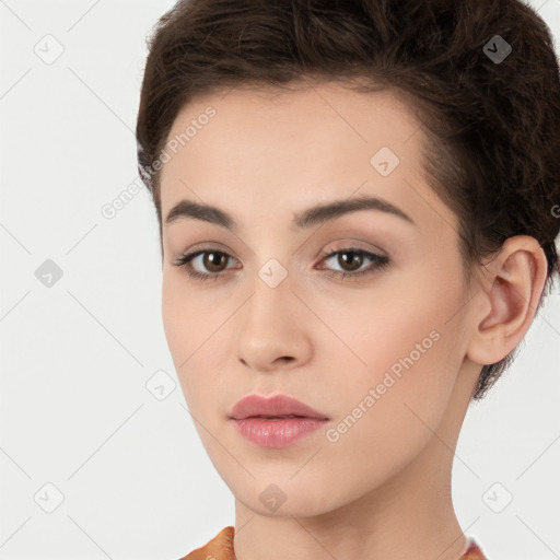 Neutral white young-adult female with short  brown hair and brown eyes