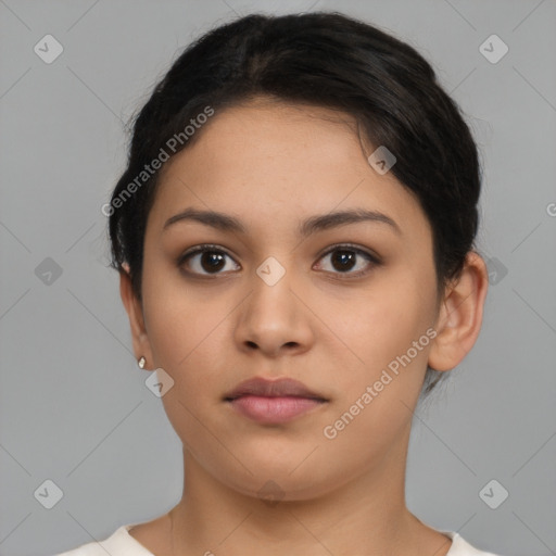 Neutral latino young-adult female with short  brown hair and brown eyes