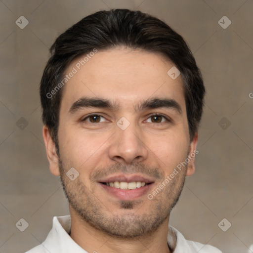 Joyful white young-adult male with short  brown hair and brown eyes