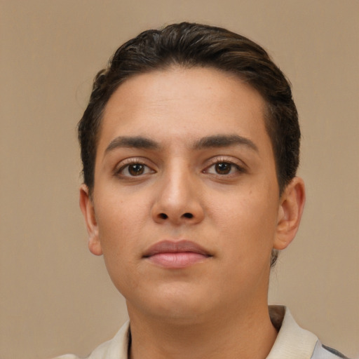 Neutral white young-adult female with short  brown hair and brown eyes