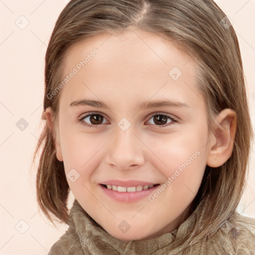 Joyful white child female with medium  brown hair and brown eyes