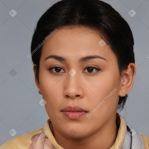 Neutral asian young-adult female with medium  brown hair and brown eyes