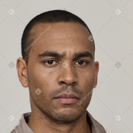 Neutral latino adult male with short  black hair and brown eyes