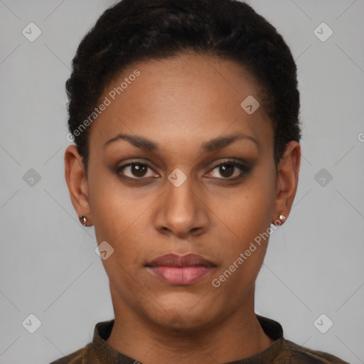 Neutral black young-adult female with short  black hair and brown eyes