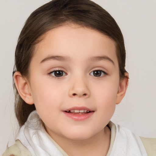 Joyful white child female with medium  brown hair and brown eyes