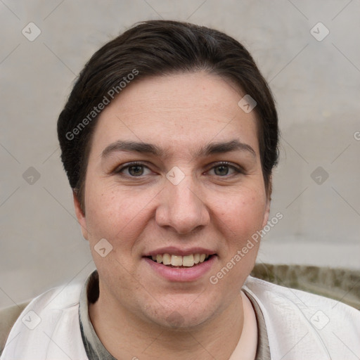 Joyful white young-adult female with short  brown hair and brown eyes