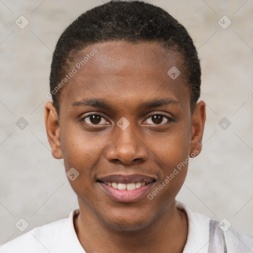 Joyful black young-adult male with short  brown hair and brown eyes