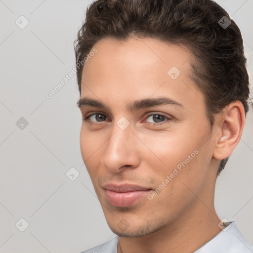 Neutral white young-adult male with short  brown hair and brown eyes