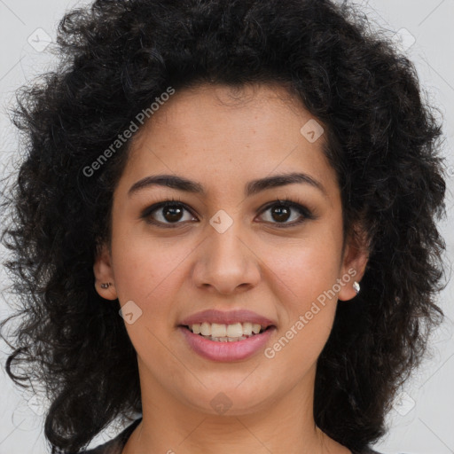 Joyful latino young-adult female with long  brown hair and brown eyes