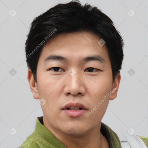 Neutral asian young-adult male with short  black hair and brown eyes