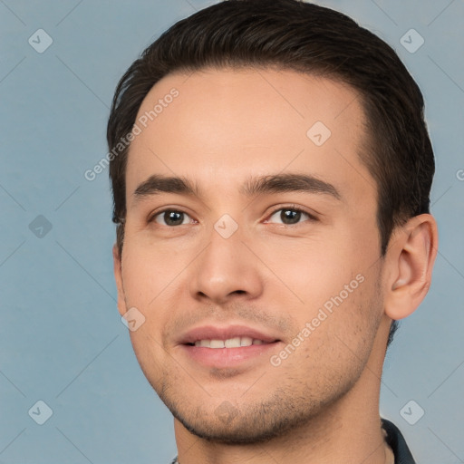 Joyful white young-adult male with short  brown hair and brown eyes