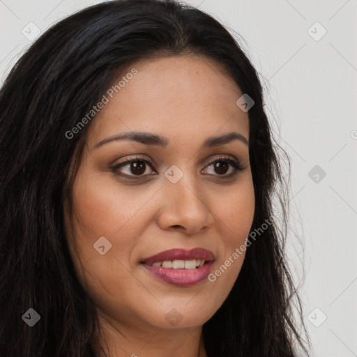 Joyful latino young-adult female with long  brown hair and brown eyes