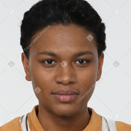 Neutral black young-adult female with short  brown hair and brown eyes