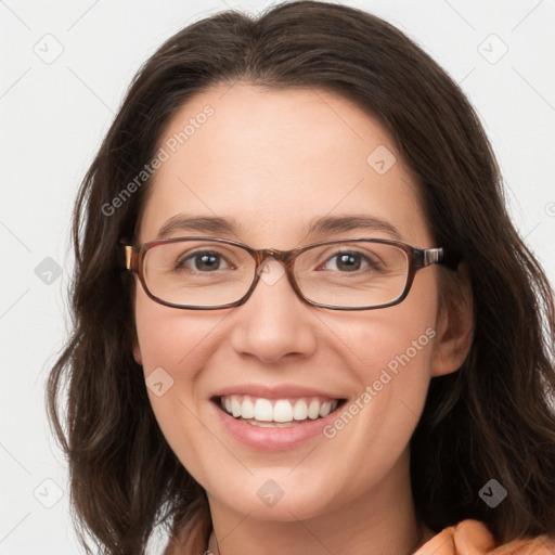 Joyful white young-adult female with medium  brown hair and blue eyes