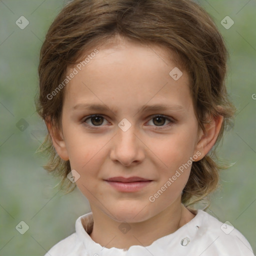 Joyful white child female with medium  brown hair and brown eyes