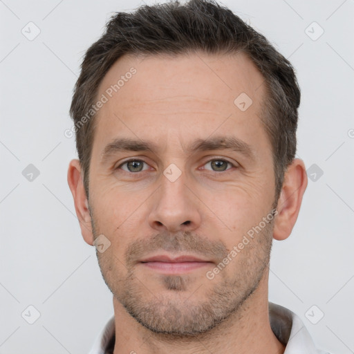 Neutral white adult male with short  brown hair and brown eyes