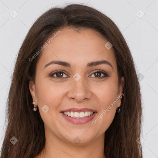 Joyful white young-adult female with long  brown hair and brown eyes