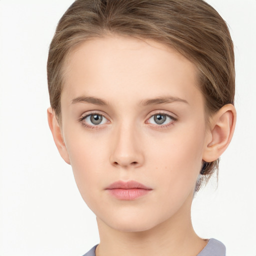 Neutral white young-adult female with medium  brown hair and grey eyes