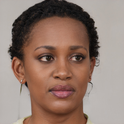 Joyful black young-adult female with short  brown hair and brown eyes