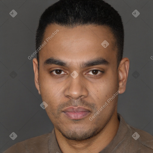 Neutral latino young-adult male with short  black hair and brown eyes