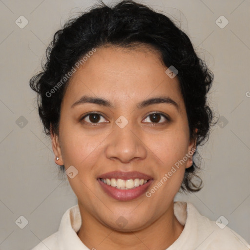 Joyful latino young-adult female with short  brown hair and brown eyes