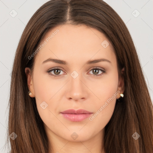 Neutral white young-adult female with long  brown hair and brown eyes