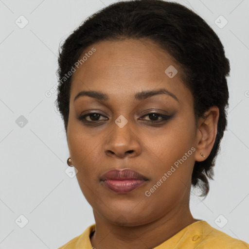 Neutral black young-adult female with short  brown hair and brown eyes