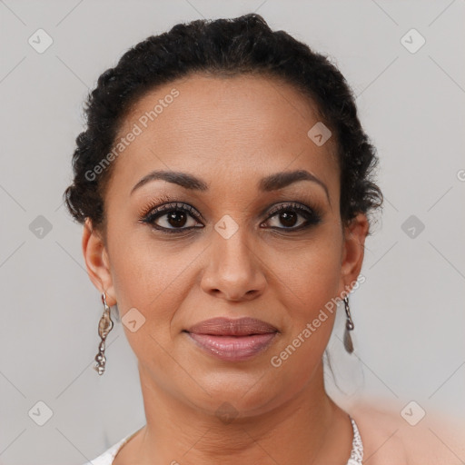 Joyful latino young-adult female with short  brown hair and brown eyes
