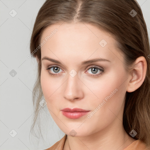 Neutral white young-adult female with long  brown hair and grey eyes