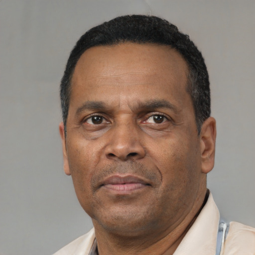 Neutral black adult male with short  black hair and brown eyes
