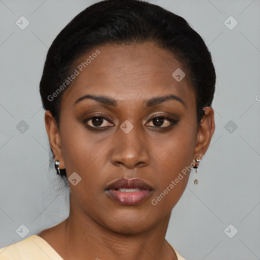 Neutral black young-adult female with short  brown hair and brown eyes