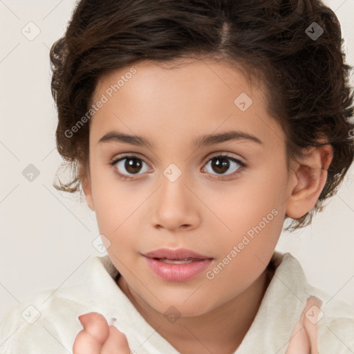 Joyful white child female with medium  brown hair and brown eyes