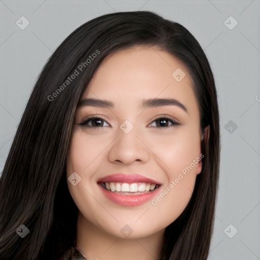 Joyful white young-adult female with long  black hair and brown eyes