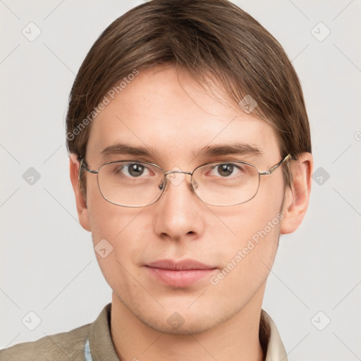 Neutral white young-adult male with short  brown hair and grey eyes