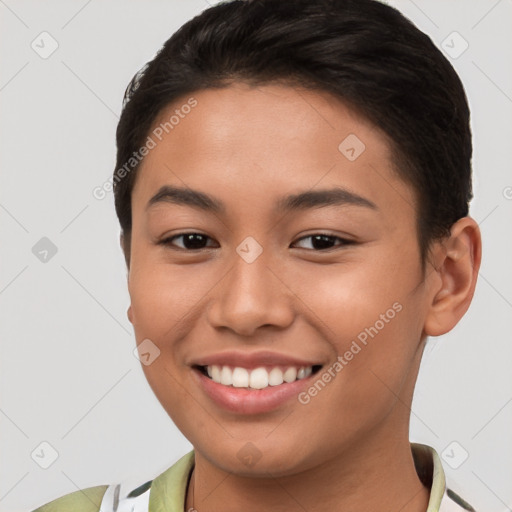 Joyful white young-adult female with short  brown hair and brown eyes