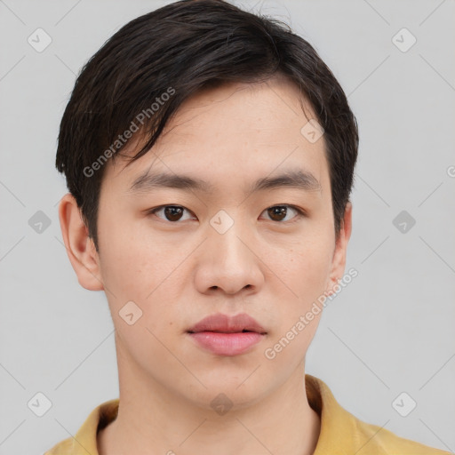 Neutral asian young-adult male with short  brown hair and brown eyes