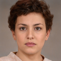 Neutral white young-adult female with short  brown hair and brown eyes