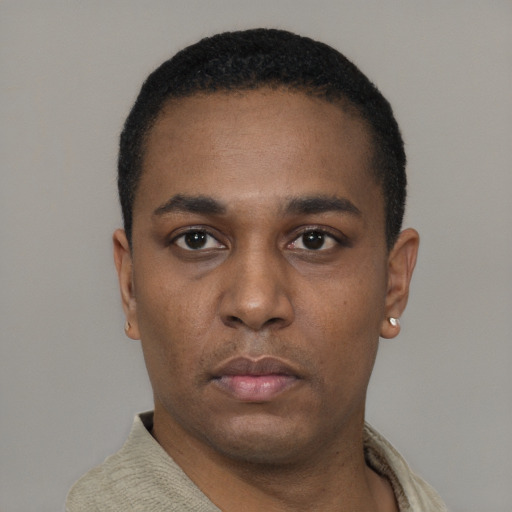 Neutral black young-adult male with short  black hair and brown eyes