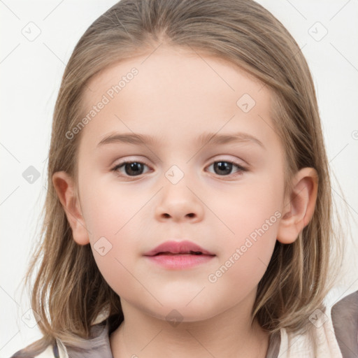 Neutral white child female with medium  brown hair and grey eyes