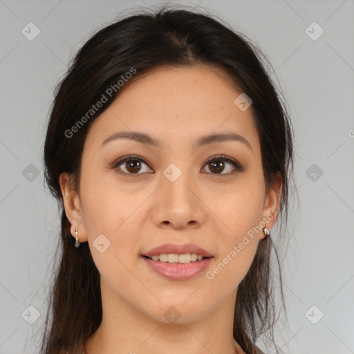 Joyful white young-adult female with medium  brown hair and brown eyes