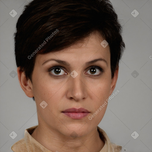 Neutral white young-adult female with short  brown hair and brown eyes