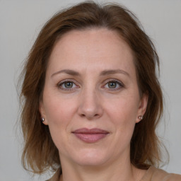 Joyful white adult female with medium  brown hair and grey eyes