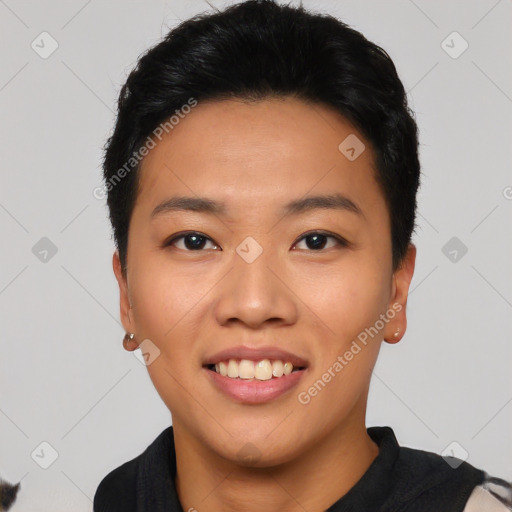 Joyful asian young-adult female with short  black hair and brown eyes